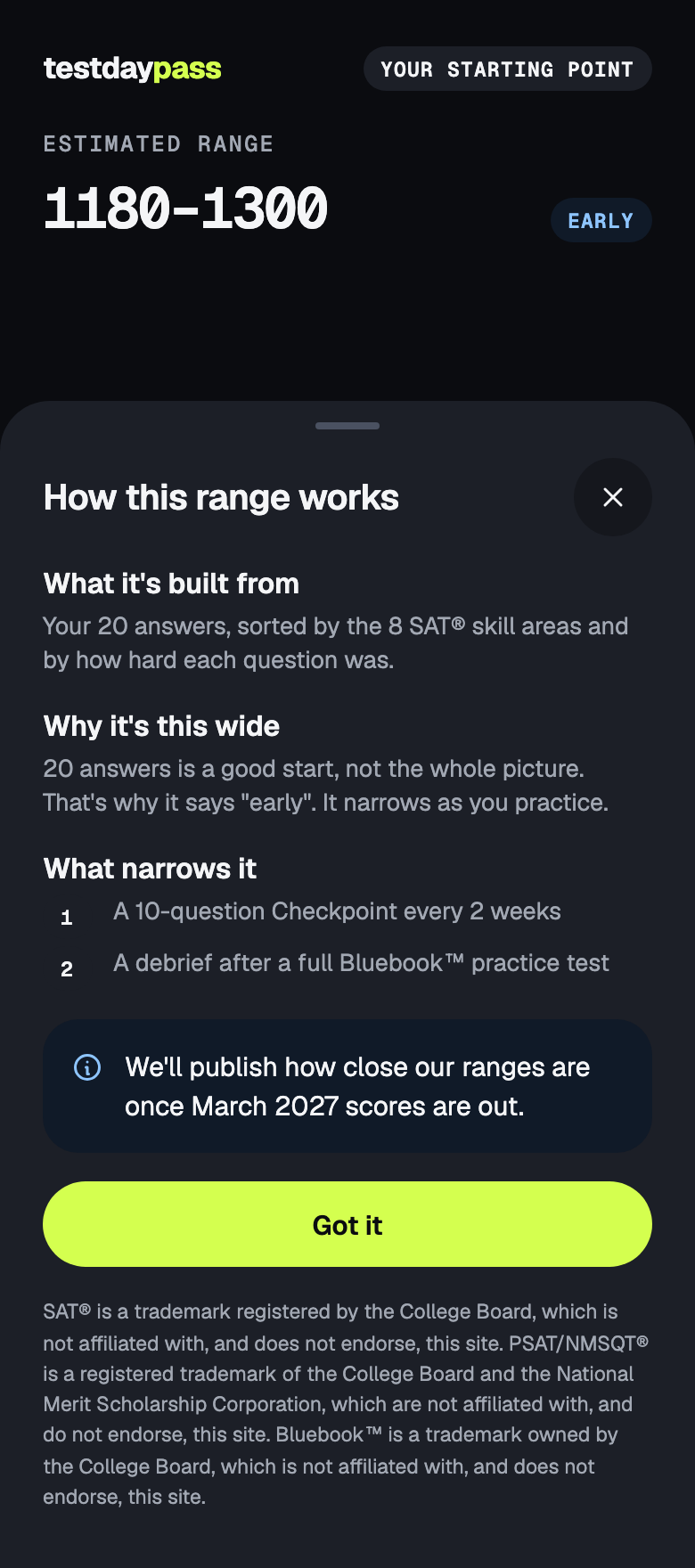 How this range works, on the student's phone: an early estimated range, what it's built from, why it's this wide, and what narrows it